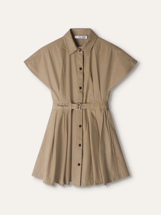 Dark Beige Gabardine Short Sleeved Belted Shirtdress