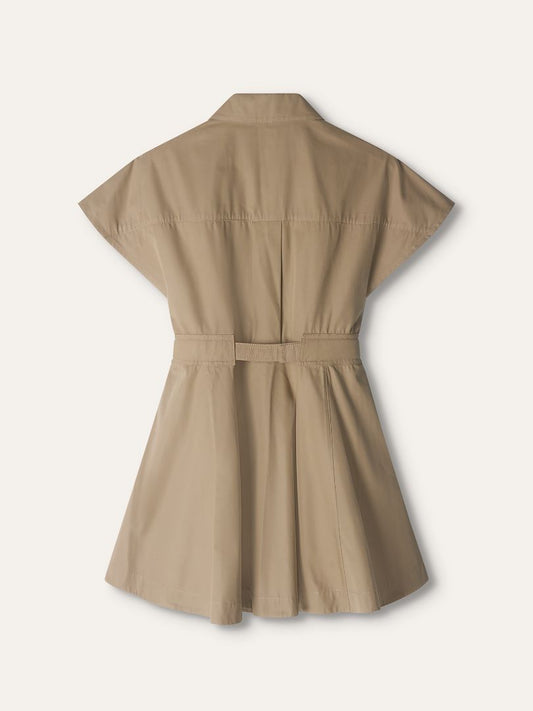 Dark Beige Gabardine Short Sleeved Belted Shirtdress