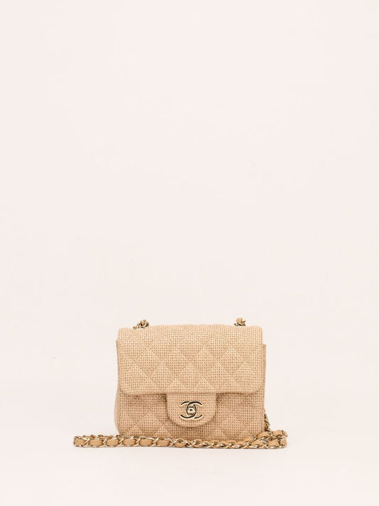 Raffia Mini Classic Square Flap Bag With GHW