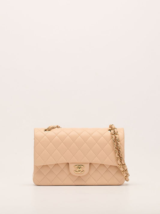 Beige Medium Classic Double Flap Bag With GHW