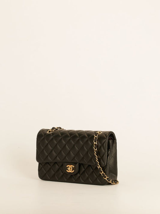Black Medium Lambskin Classic Double Flap Handbag With GHW