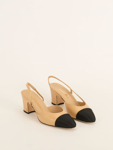 Beige & Black Two-Tone Slingback Pumps
