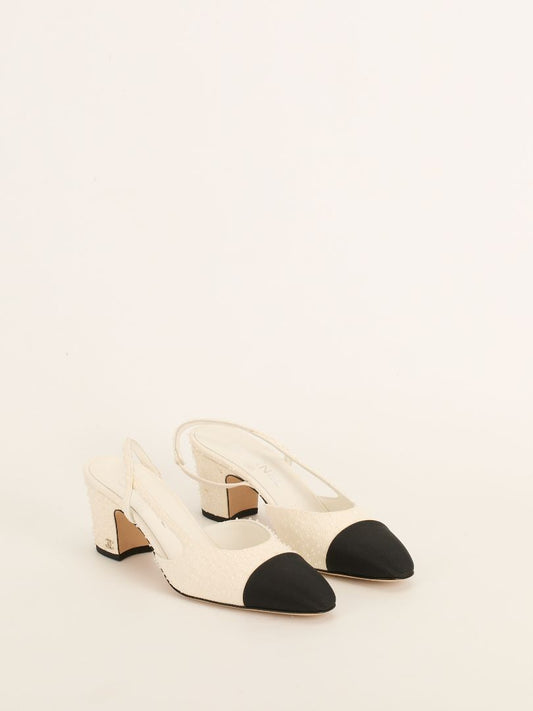 White & Black Embellished Slingback Pumps