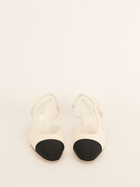 White & Black Embellished Slingback Pumps