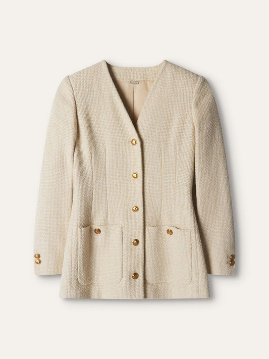 Beige Tweed V-Neck Jacket And Shorts Set
