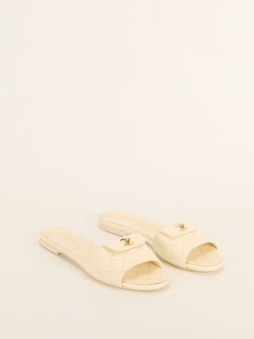Cream Quilted Turnlock Mules