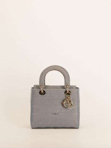 Grey Medium Cannage Embroidery Lady D-Lite Handbag With GHW