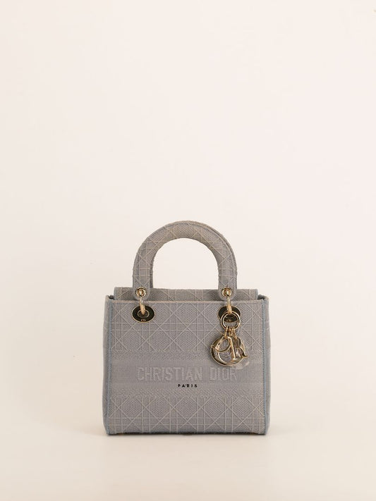 Grey Medium Cannage Embroidery Lady D-Lite Handbag With GHW