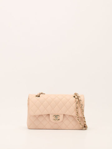 Beige Small Classic Caviar Double Flap Handbag With GHW