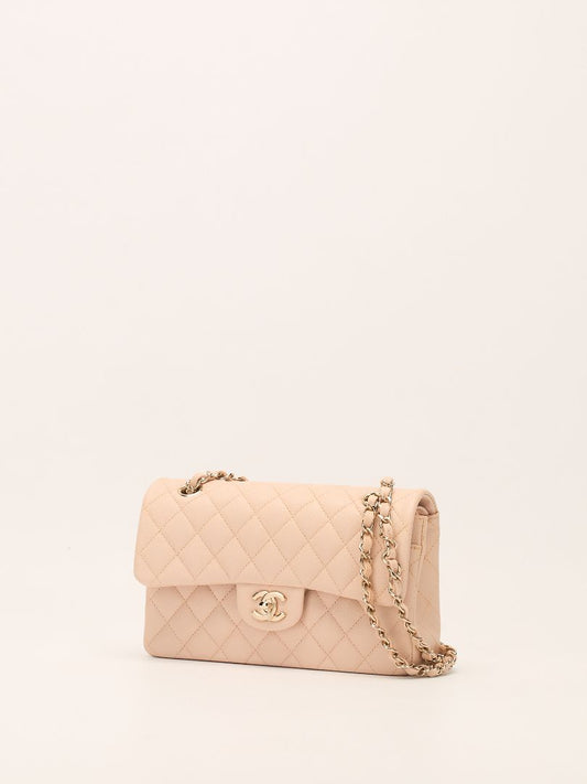 Beige Small Classic Caviar Double Flap Handbag With GHW