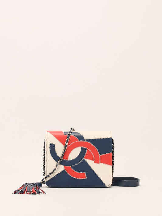 Blue & Red & White CC Tassel Patchwork Flap Bag With SHW