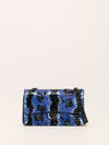 Blue & Black Sequinned Waterfall Medium Double Flap Handbag With So Black HW