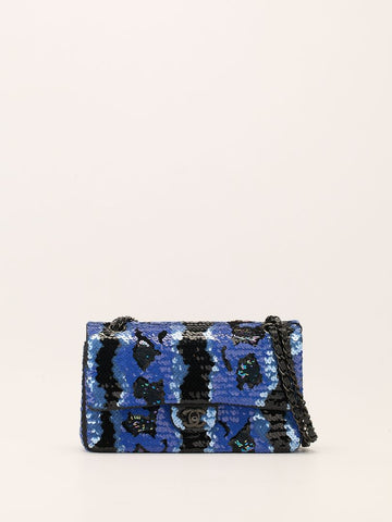 Blue & Black Sequinned Waterfall Medium Double Flap Handbag With So Black HW