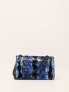 Blue & Black Sequinned Waterfall Medium Double Flap Handbag With So Black HW