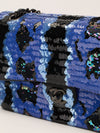 Blue & Black Sequinned Waterfall Medium Double Flap Handbag With So Black HW