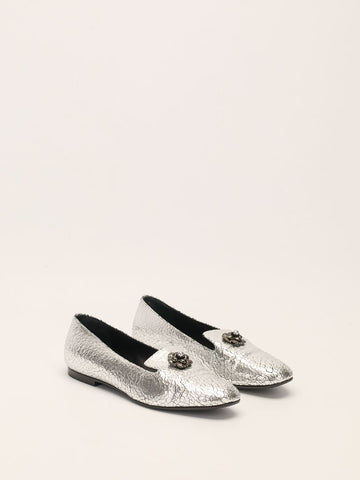 Silver Crackled Leather Camellia Loafers