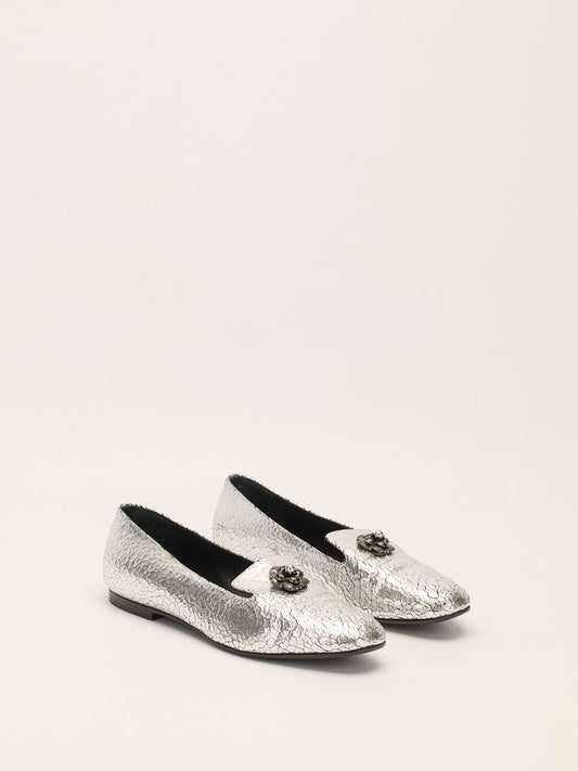 Silver Crackled Leather Camellia Loafers
