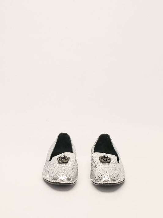 Silver Crackled Leather Camellia Loafers