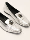 Silver Crackled Leather Camellia Loafers