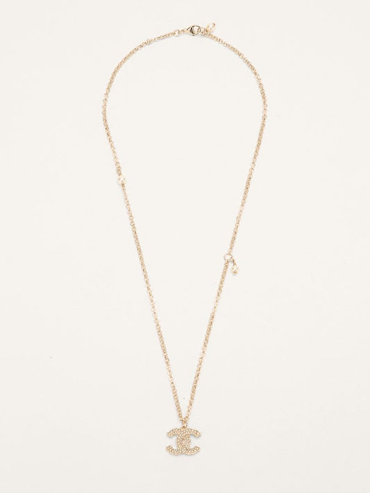 Gold CC Strass Pearl Pendant Necklace