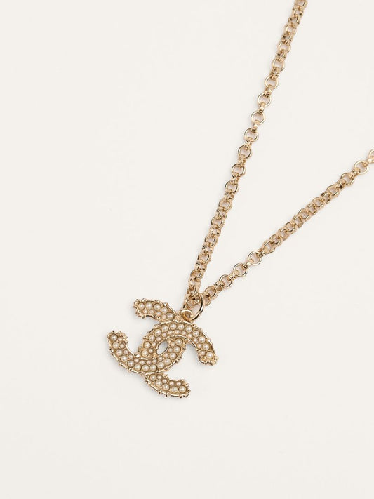 Gold CC Strass Pearl Pendant Necklace