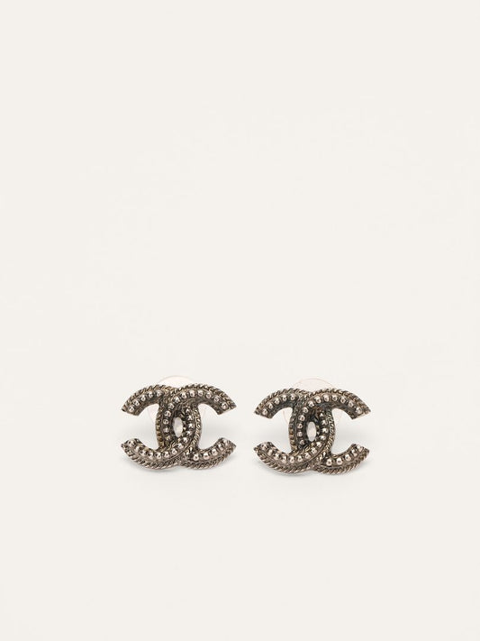 Silver Tone CC Logo Earrings