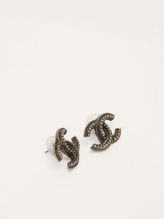 Silver Tone CC Logo Earrings
