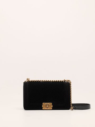Black Old Medium Chevron Velvet Boy Bag With GHW
