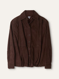 Brown Suede Draped Long-Sleeved Shirt