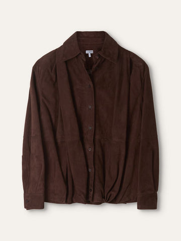 Brown Suede Draped Long-Sleeved Shirt