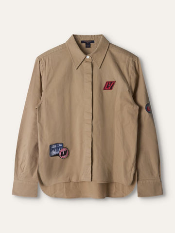 Tan Button-Up Shirt With Embroidered Patches