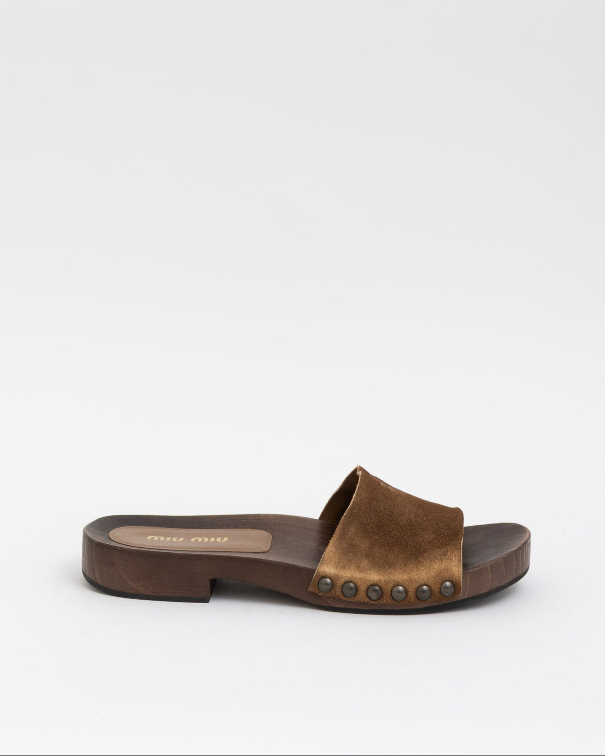 Miu Miu Faded Tobacco Suede Logo Mule Clogs