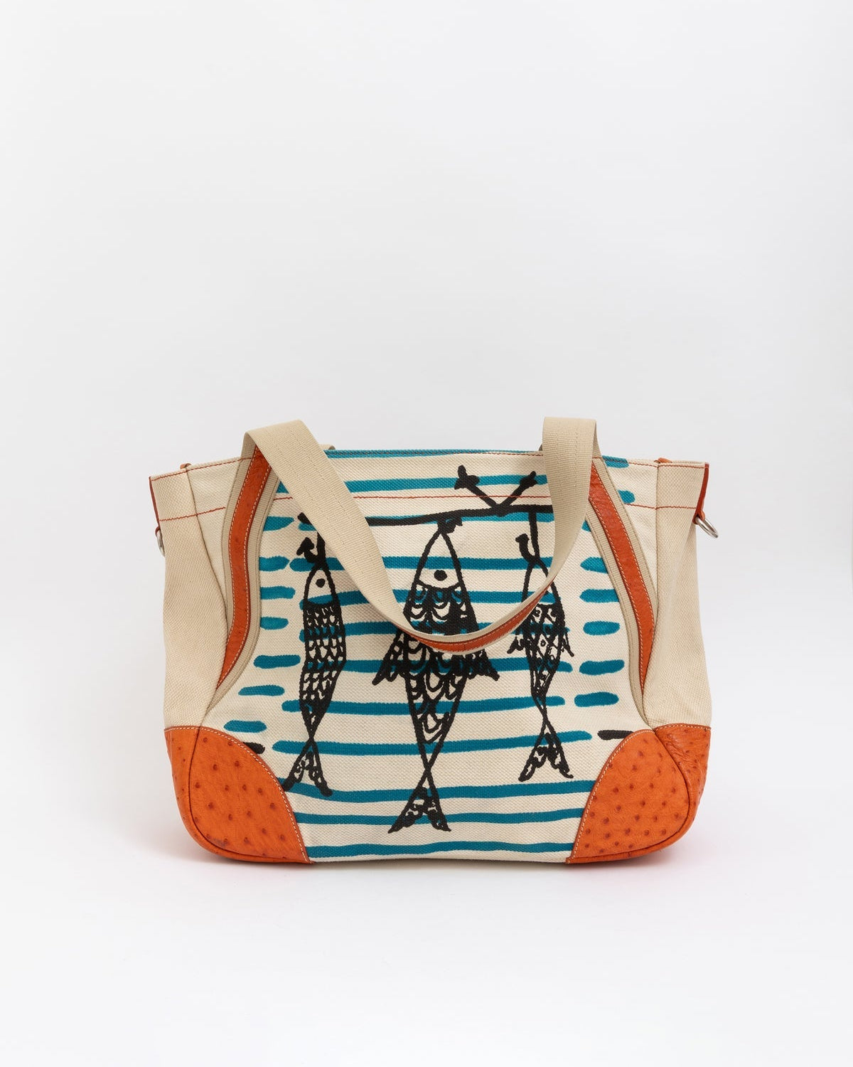 Prada Cream Canvas Fish Print Tote with Orange Ostrich Leather Trim