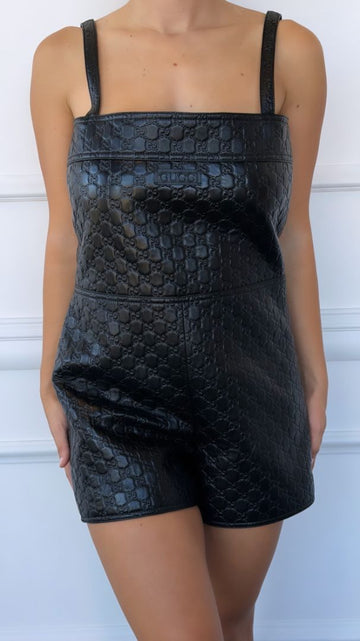 Black GG Embossed Leather Playsuit