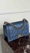 Metallic Blue Old Medium Quilted Boy Bag With SHW