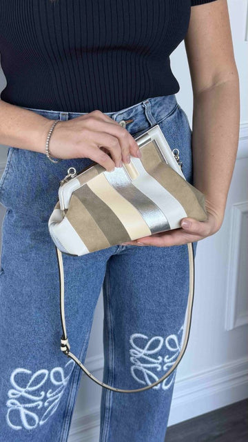 Neutral & Silver Small Fendi First Suede Clutch Bag With SHW