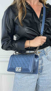 Metallic Blue Old Medium Quilted Boy Bag With SHW