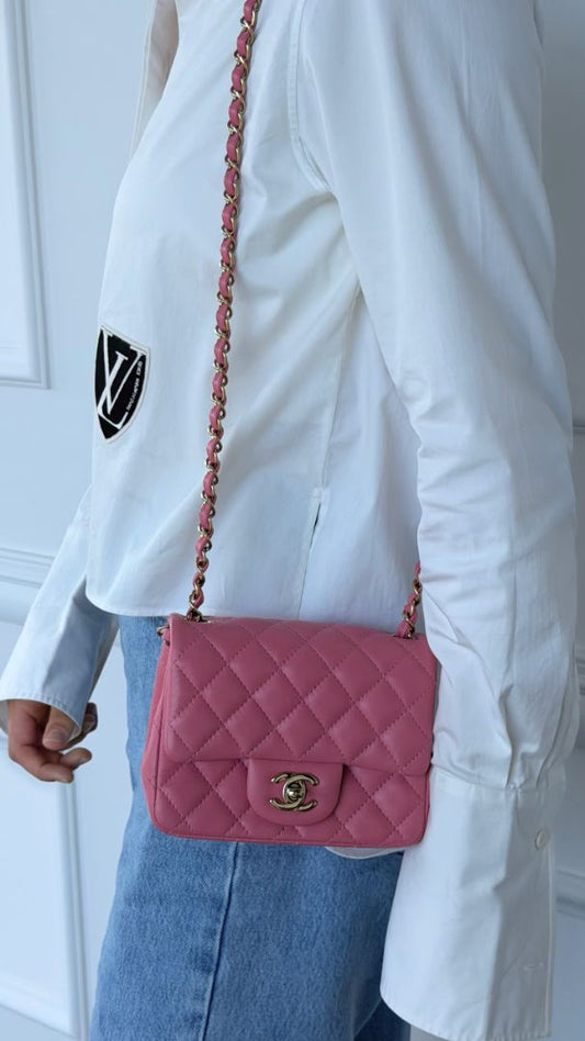 Pink Quilted Mini Square Bag With GHW