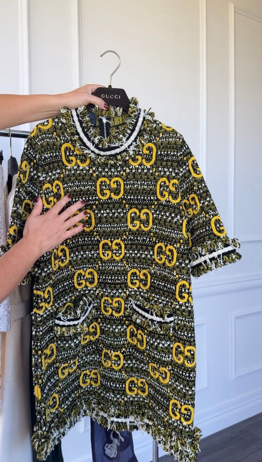 Yellow & Black Tweed and Lamé Short Sleeve Mini Dress
