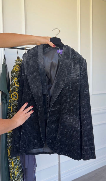 Black Studded Velvet Blazer And Waistcoat