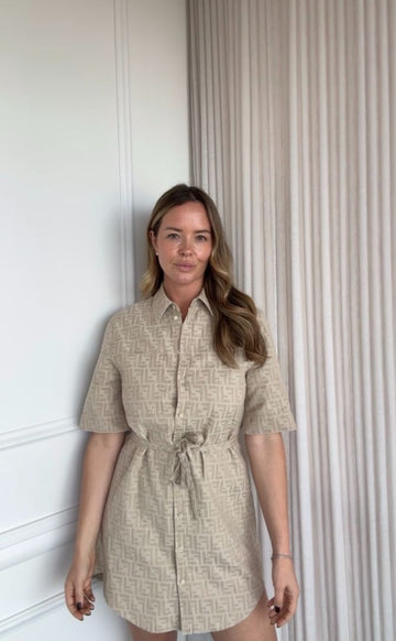 Beige Monogram Drawstring Shirt Dress