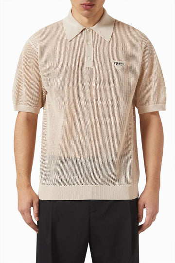 Beige Mens Open Knit Polo Shirt