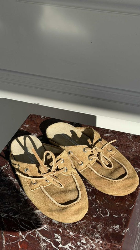 Cinnamon Faded Suede Deck Mules