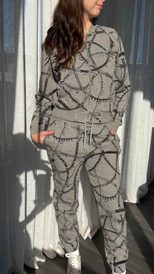 Gris Acier Tresor De Medor Printed Zip Sweatshirt And Pant Set