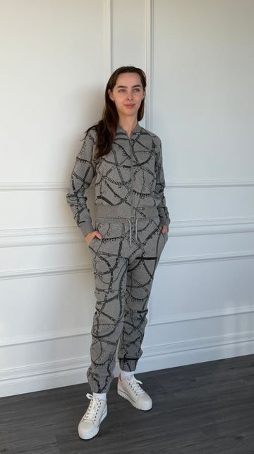 Gris Acier Tresor De Medor Printed Zip Sweatshirt And Pant Set