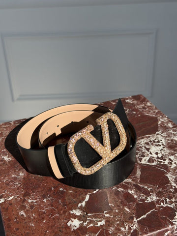 Black V Signature Belt With Rose Gold Embellished Buckle