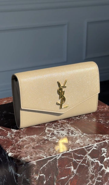 Dark Beige Uptown Leather Chain Wallet With GHW