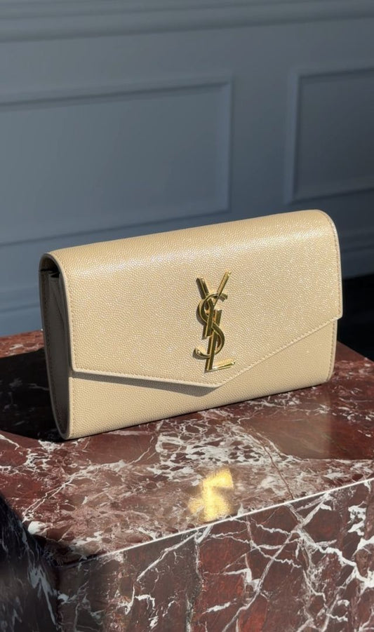 Dark Beige Uptown Leather Chain Wallet With GHW