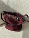 Burgundy Buckle Belted Suede Bucket Bag