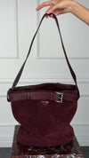 Burgundy Buckle Belted Suede Bucket Bag